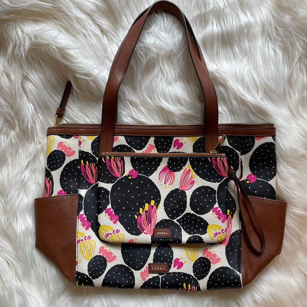Fossil Set: Mimi Black Floral Shoulder Bag Shopper with Matching Wristlet